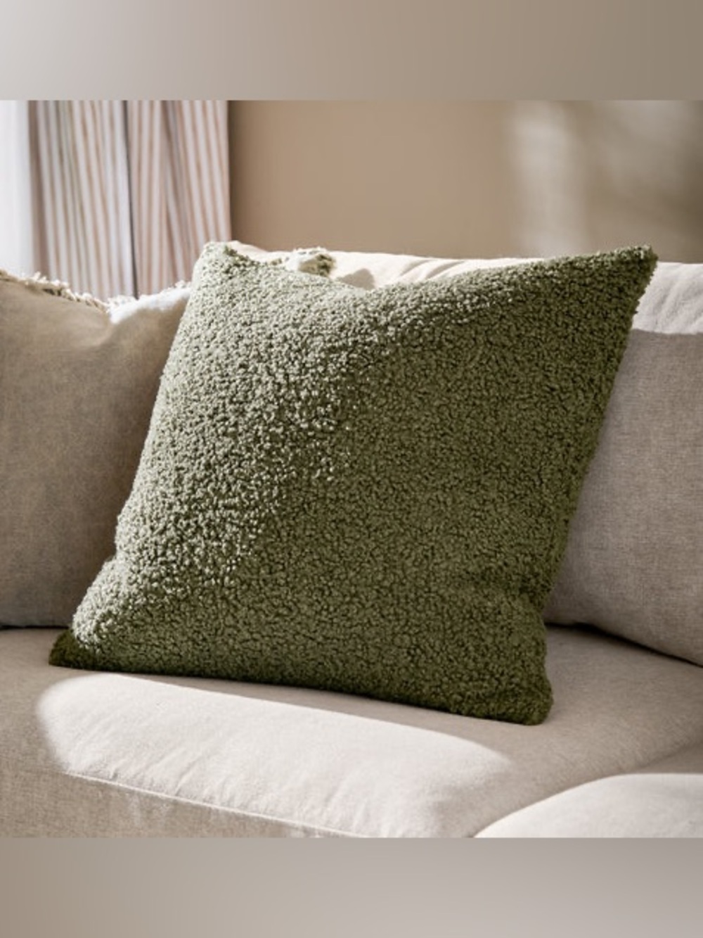 22”x22” Soft Olive Green Bouclé Throw Pillow Cover | Cozy Modern Decor